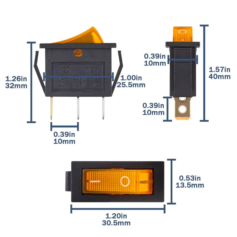 VEXUNGA 10pcs Lighted KCD3 Rocker Switch On Off 3 Pin 2 Position Yellow Light Boat Rocker Switches 20A 15A 125V 250V AC SPST Square llluminated Power Switch - Image 2